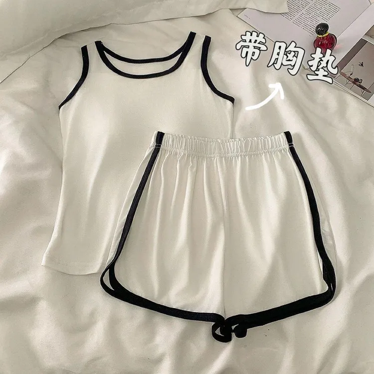 GPSUNLU夏季新款莫代尔睡衣女款带胸垫背心短裤休闲运动时尚甜美