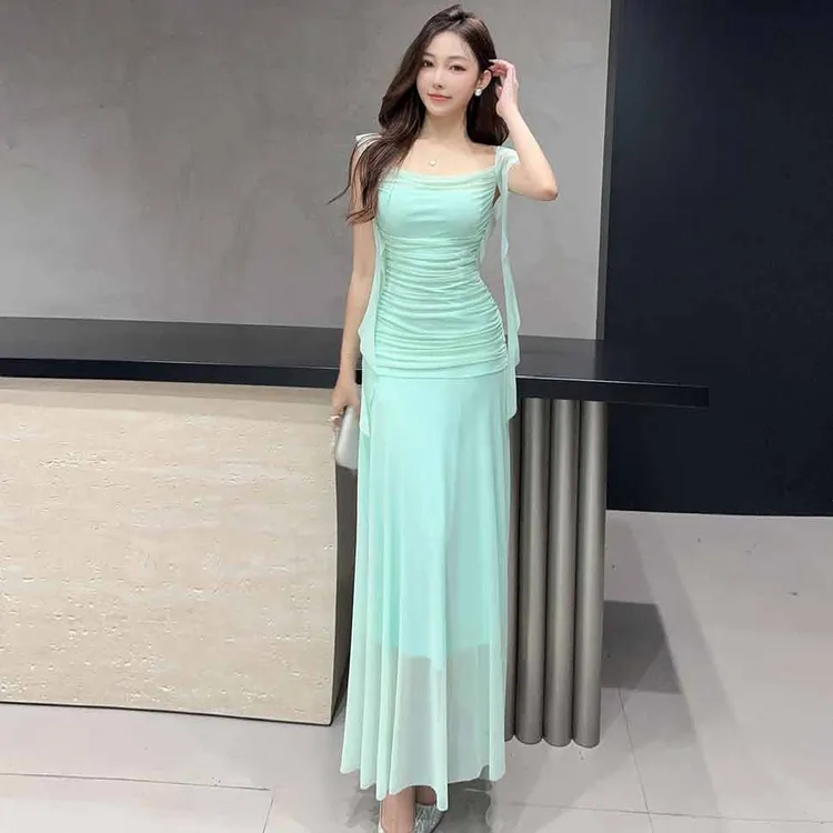 气质温柔风性感网纱吊带连衣裙女纯欲显瘦修身荷叶边包臀礼服长裙