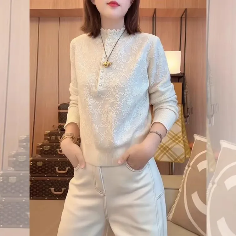 花边立领白色针织打底衫女秋冬2025新款内搭毛衣减龄百搭长袖上衣