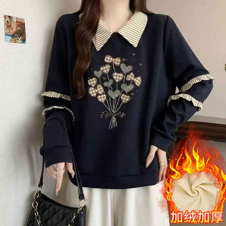 新款娃娃领卫衣女胖妹妹宽松显瘦加绒加厚假两件保暖上衣2025冬季