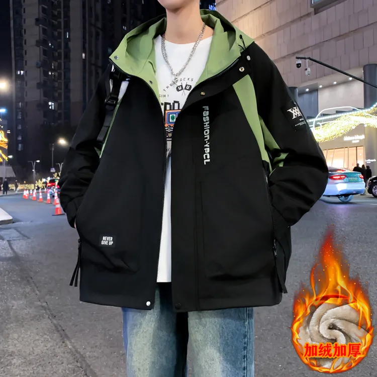 青少年冲锋衣加绒加厚外套男生酷帅穿搭秋冬季初高中学生夹克上衣