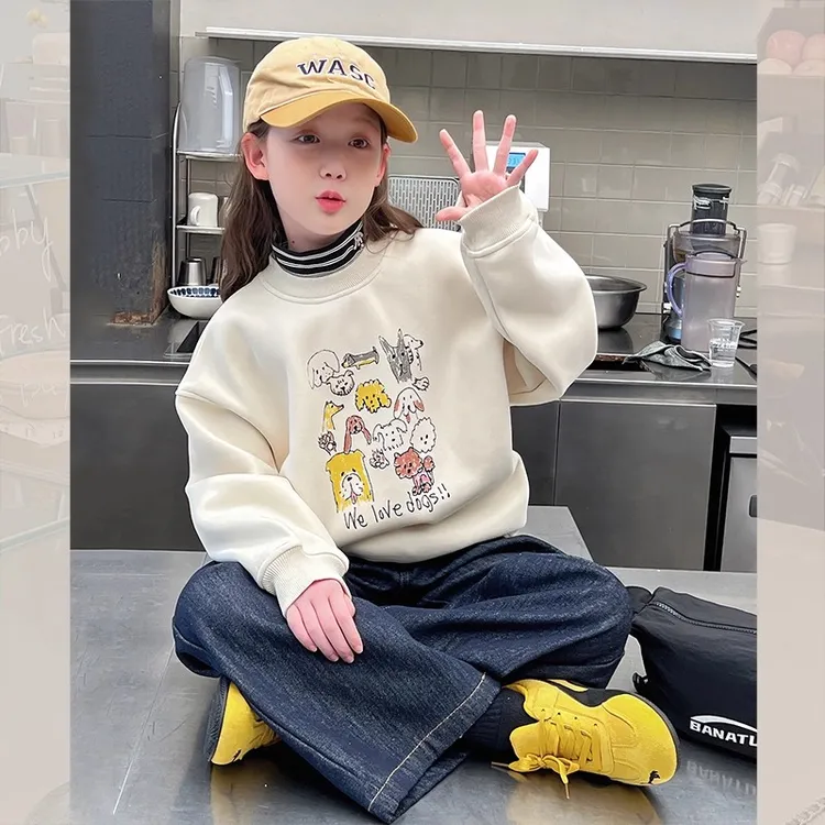 一体绒加厚大儿童高领宽松卫衣女童洋气长袖上衣女孩2025冬装新款