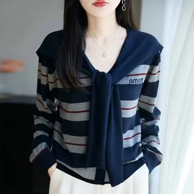 韩系海军领披肩撞色条纹针织开衫女早秋季新款毛衣外套小衫上衣潮