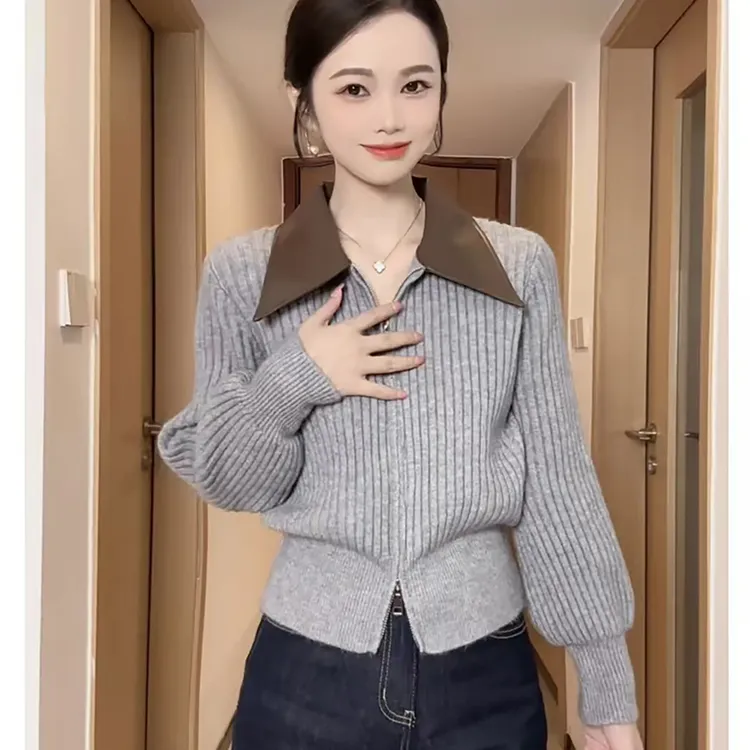 设计感翻领毛衣女士2025秋季新款爆款时尚洋气软糯针织开衫短外套