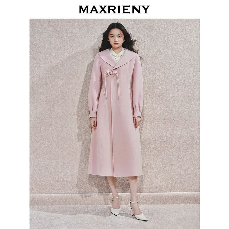 MAXRIENY【商场同款】中式雅韵复古毛呢过膝大衣2025秋冬盘扣外套女