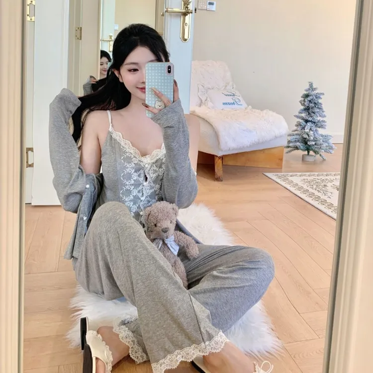带胸垫睡衣三件套蕾丝花边韩式吊带家居服