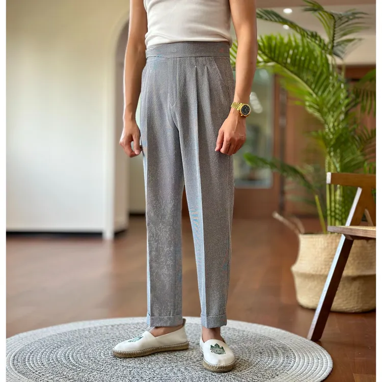 意式泡泡纱轻薄高腰直筒长裤千鸟格时尚百搭透气休闲西裤男士