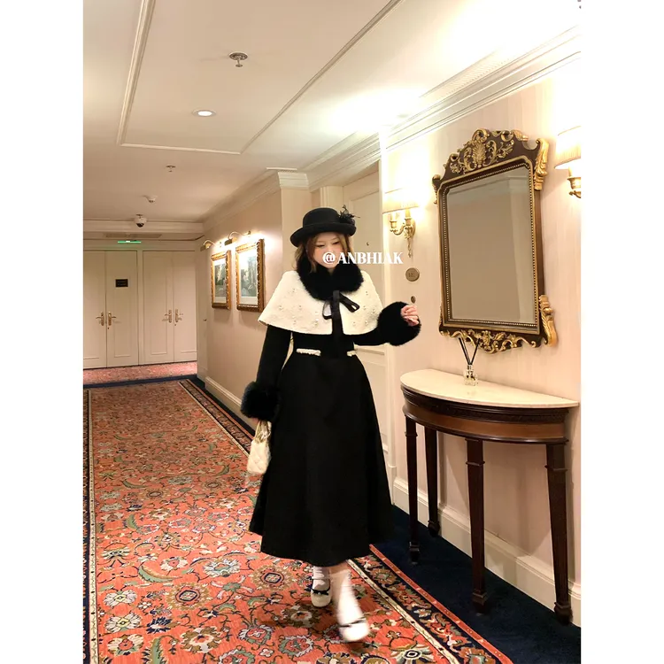 安妮不火【香榭晚宴】千金风呢子连衣裙+钉珠斗篷两件套组A253Q0603