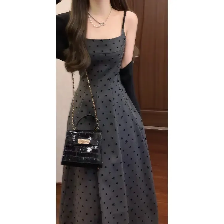 法式复古波点灰色吊带连衣裙海边度假风长裙&开衫两件套