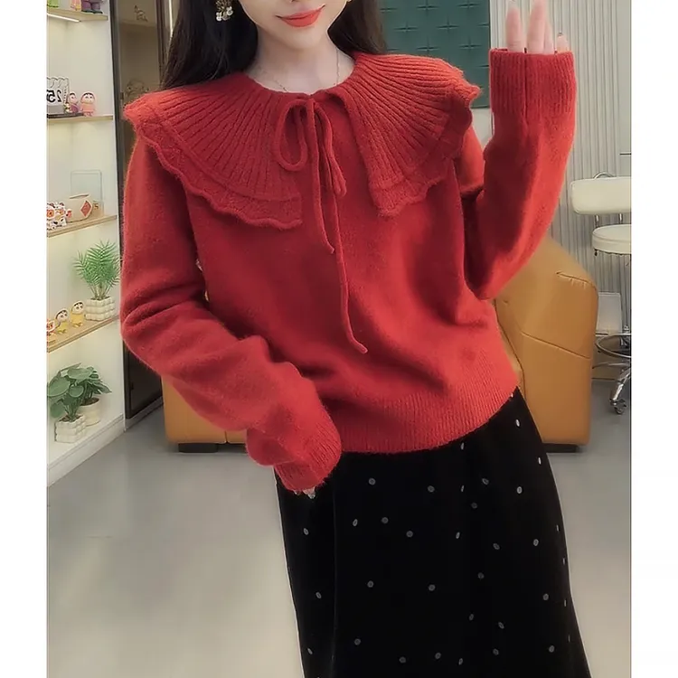 韩系甜美风娃娃领系带红色针织衫女2025秋冬新款气质百搭显瘦毛衣