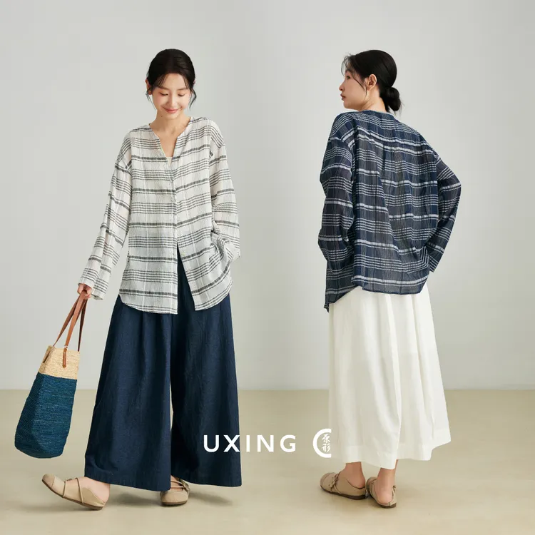 原形肌理感格子衬衫2025夏季新款显瘦百搭休闲长袖V领上衣91539