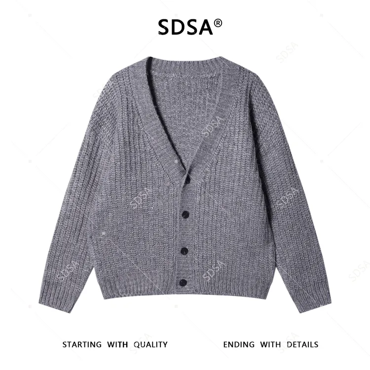 SDSA男士秋冬新款痞帅男装美式复古纽扣开衫V领设计师百搭毛衣