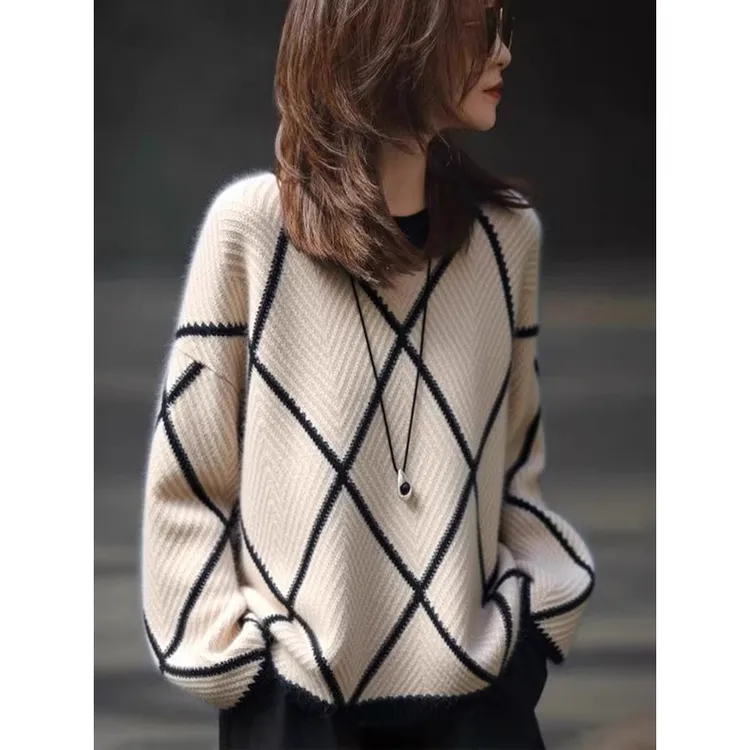 2025冬季新款女装长袖拼色圆领针织衫毛衣菱形设计感时尚洋气百搭