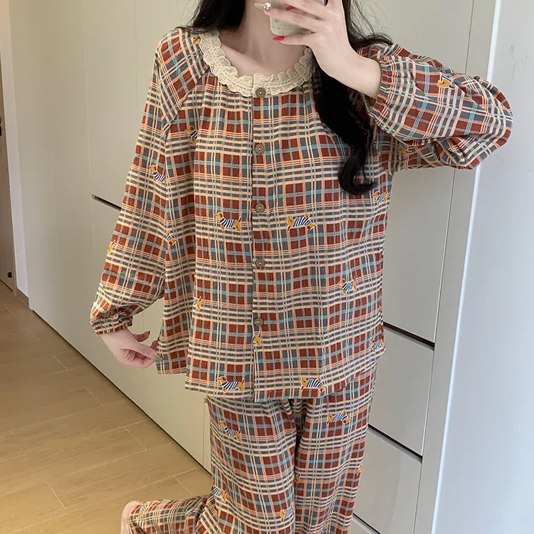 彩色条纹格子睡衣女春秋款带胸垫复古风高级感长袖长裤冬季家居服