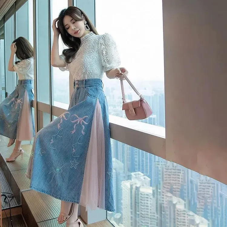 裙子女2022春夏季新款高腰a字伞裙长款纱裙刺绣拼接半身牛仔裙