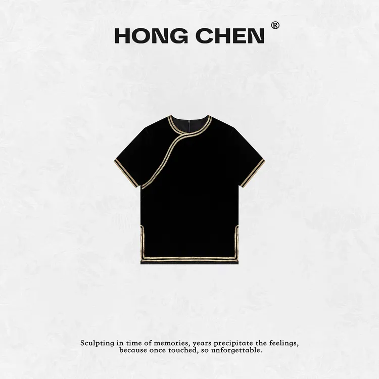 【虹辰·真丝绒】高端桑蚕丝时尚撞金拉捆百搭新中式圆领短袖-HC2722