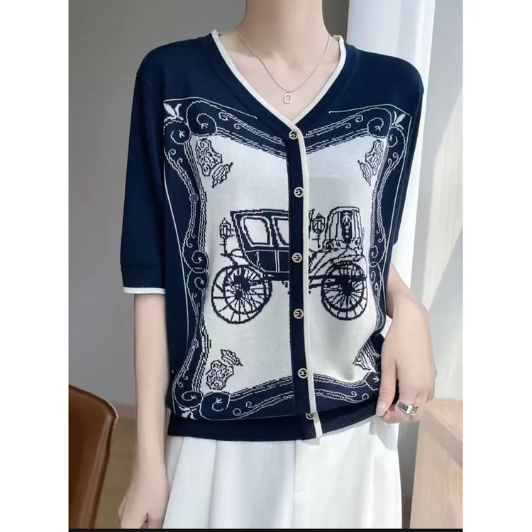 高级莱赛尔天丝复古撞色时尚气质V领短袖女百搭减龄衫