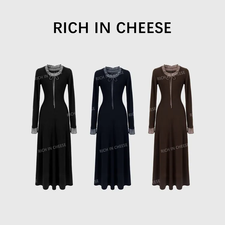 RICHINCHEESE 秋娜之夜 法式复古长袖格纹拼接针织弹力长款连衣裙