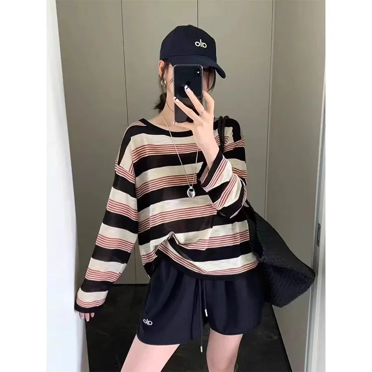 撞色条纹长袖冰丝防晒T恤女夏季薄款外搭宽松空调罩衫松弛感上衣