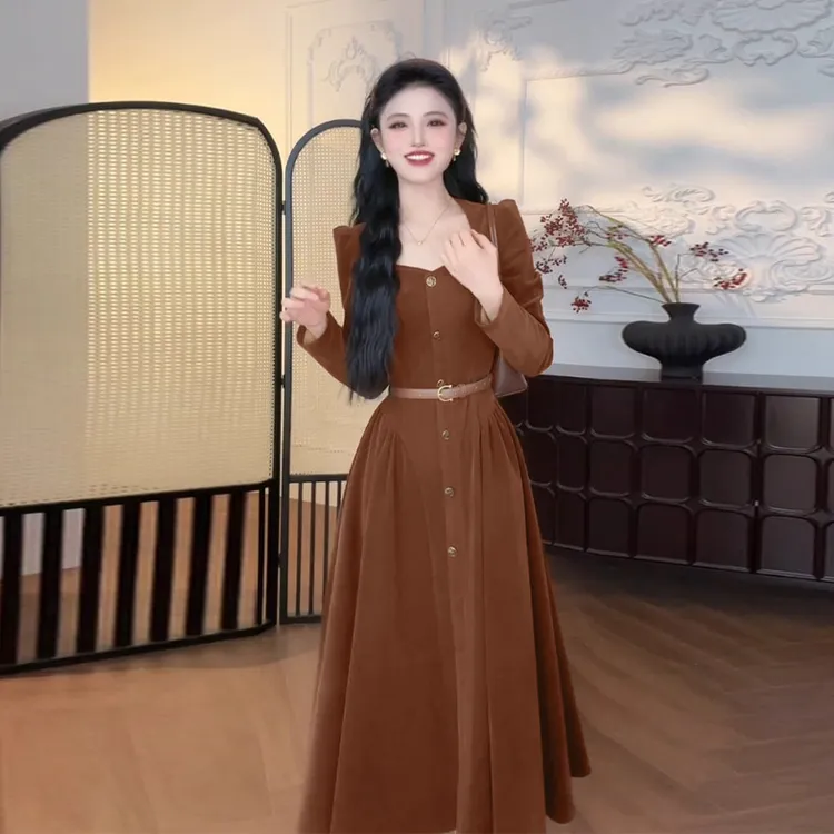 【送腰带】早秋流行穿搭法式复古长袖连衣裙潮QY0055