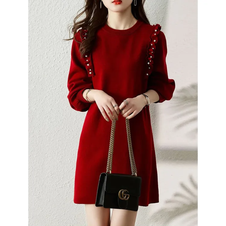 2025秋冬配大衣毛衣裙女式圆领宽松长袖内搭打底针织连衣裙潮加厚