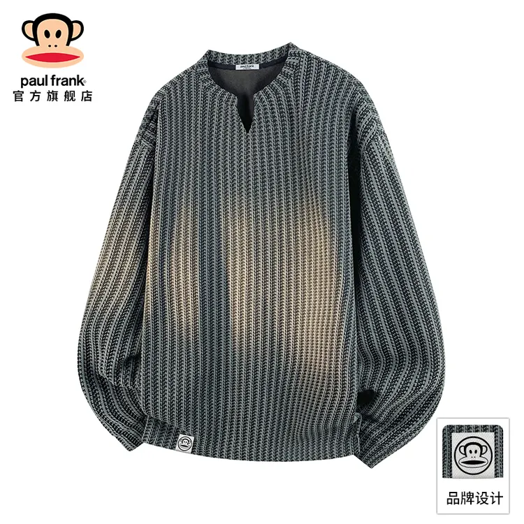paul frank/大嘴猴高级感v领休闲长袖t恤男秋季新款宽松百搭上衣