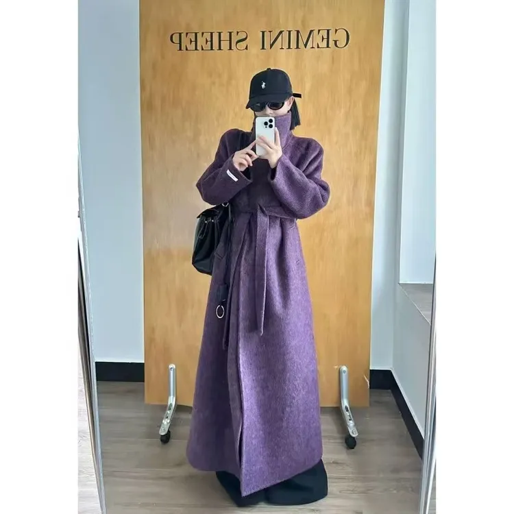 【凛冬】秋冬复古慵懒长款双面羊驼绒+天丝大衣高级紫色大牌感外套