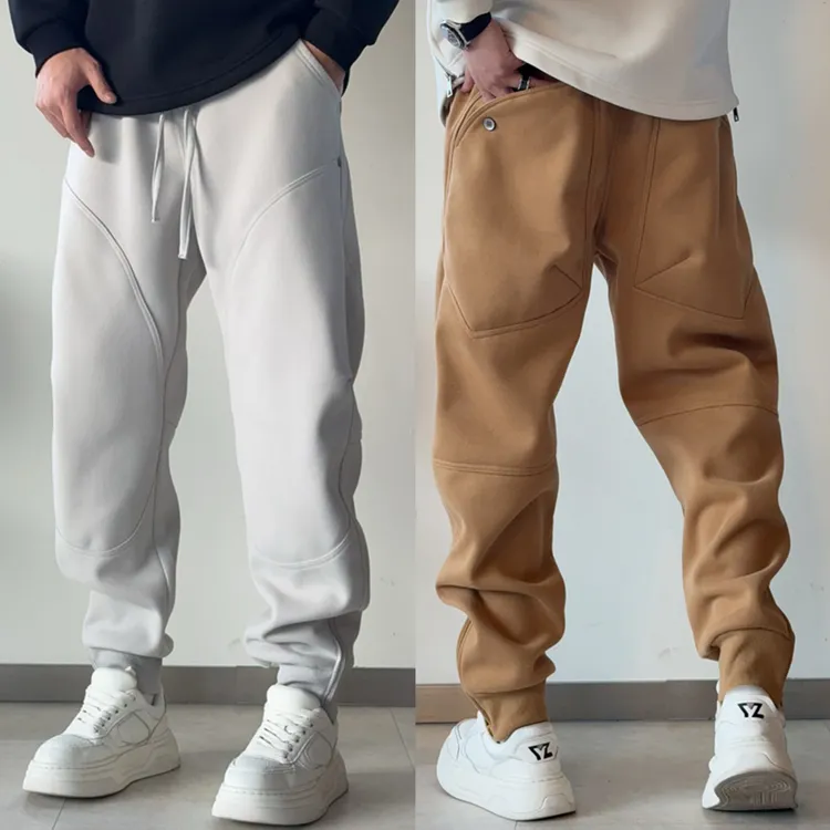 冬季潮牌拼接加绒束脚休闲裤男时尚小脚拉链痞帅宽松百搭运动卫裤