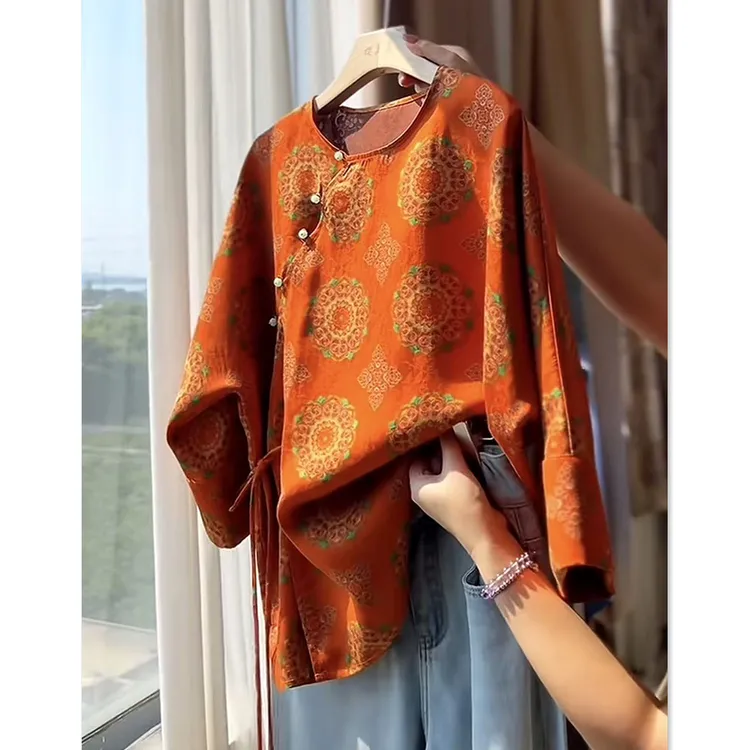 2025早秋新中式国风汉服改良斜襟橘色衬衫女洋气减龄唐装小衫上衣
