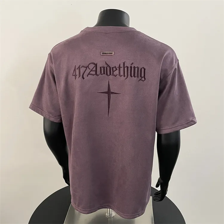 鹿皮绒圆领T恤刺绣短袖男士时尚休闲百搭春夏季半袖简约潮流黑色