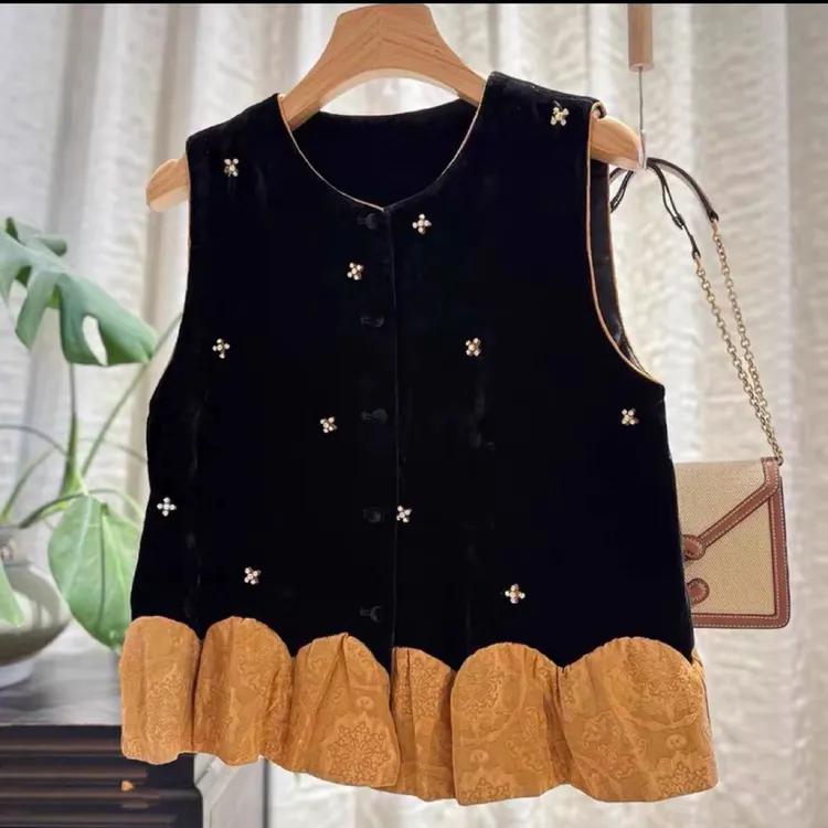 新中式国风气质亮钻花拼接丝绒马甲高级感圆领马夹外套2025秋季女