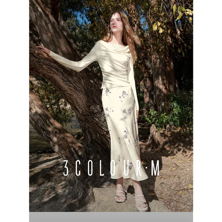 【粉丝专享】三彩2025春季新款半身裙立裁收腰印花鱼尾裙长裙dbc