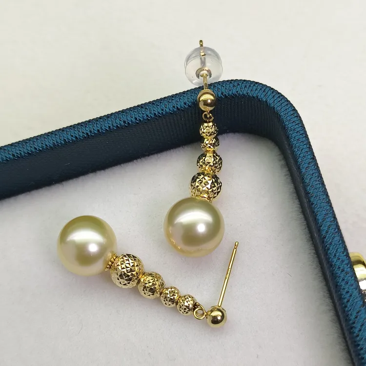 【瑞米珍珠】南洋金珠4颗18k菠萝珠耳钉8-9mm