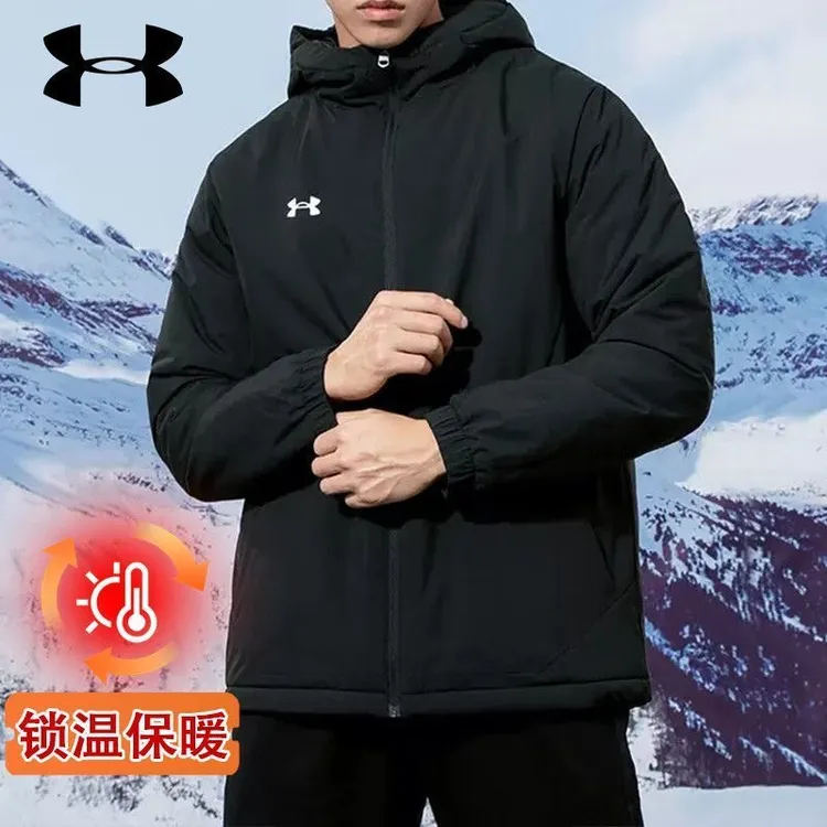 正品UA安德玛黑色运动棉衣男女款户外运动服外套连帽保暖棉袄棉服