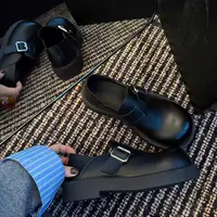欧版休闲圆头粗跟勃肯黑色复古皮带扣德比真皮乐福鞋