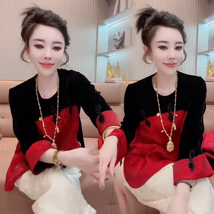 冬季宽松小衫女提花时尚长袖拼接T恤刺绣时尚百搭新中式打底衫女