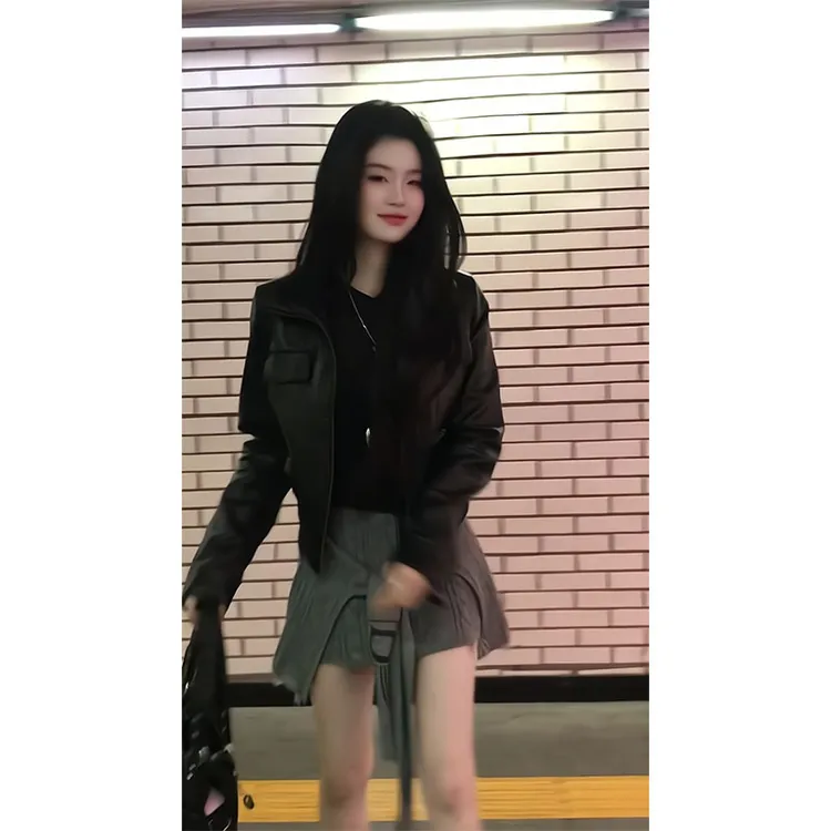 美式高级感机车工装外套女拉链夹克上衣街头风不规则绑带针织半裙