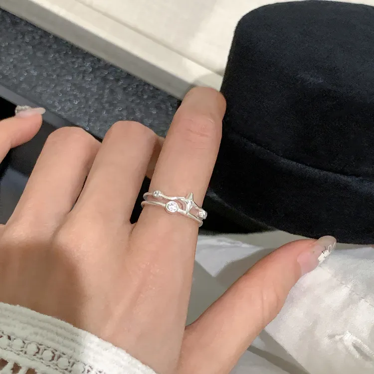 日韩轻奢设计感星星锆石细圈戒指女ins风精致百搭开口可调节指环