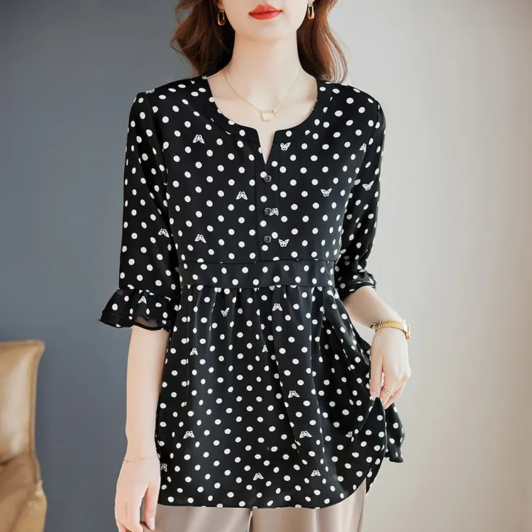 新款波点雪纺衫女夏季收腰显瘦七分袖上衣中长款大码胖mm裙摆小衫