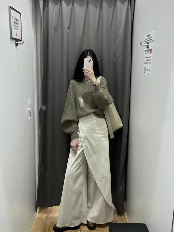 2025秋季新款韩系慵懒风穿搭绿色灯笼袖毛衣不规则裙裤两件套装女