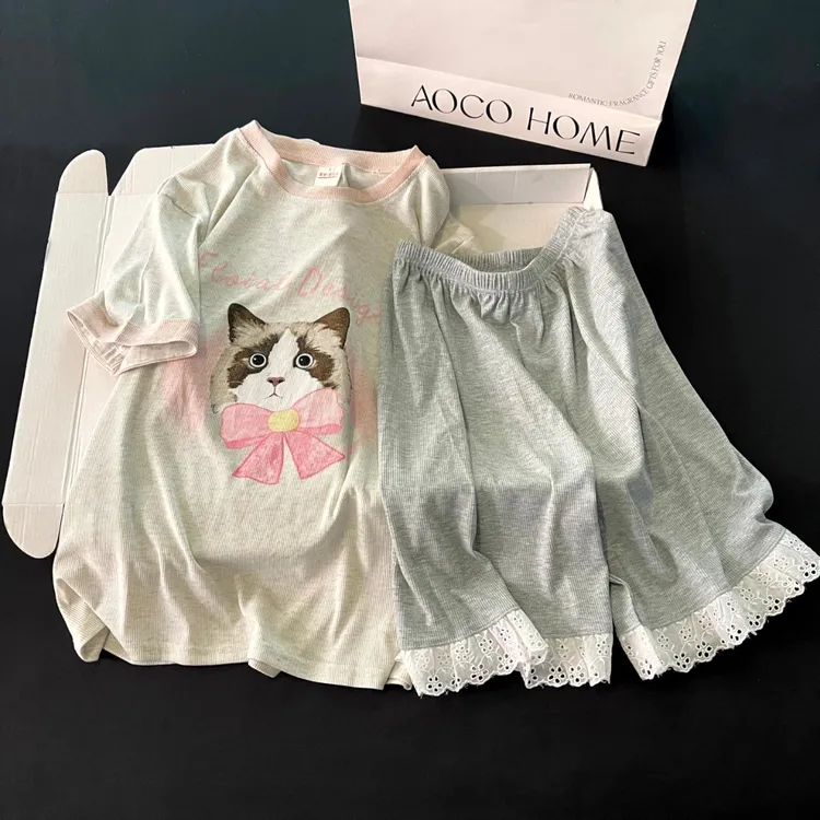睡衣女士夏季短袖网红风可外穿2025新款凉感舒适领结猫家居服套装