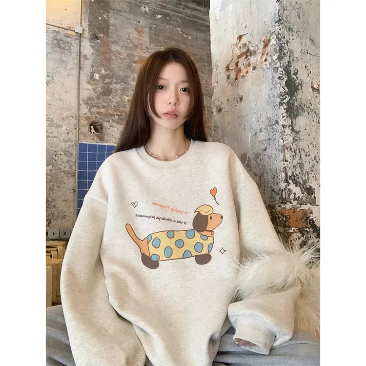 VUMP 慵懒风宽松卡通印花加绒圆领卫衣女保暖秋冬季显瘦减龄爆款