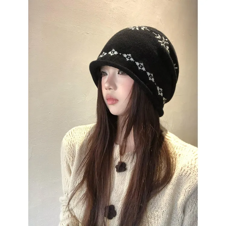 2025新款黑色针织帽女秋冬韩系堆堆帽百搭显脸小冷帽宽松毛线帽子