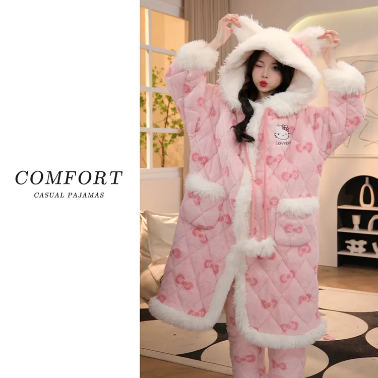 诺盾冬季三层夹棉睡袍女士甜美连帽加绒加厚保暖珊瑚绒睡衣家居服