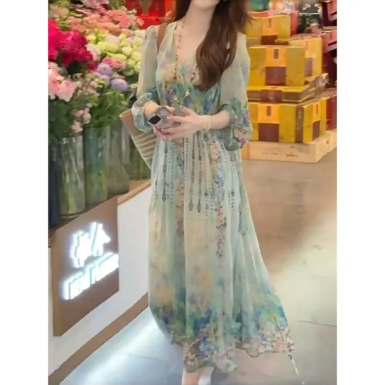 哥弟阿玛施正品高级感法式气质印花连衣裙女2025夏季新款宽松显瘦
