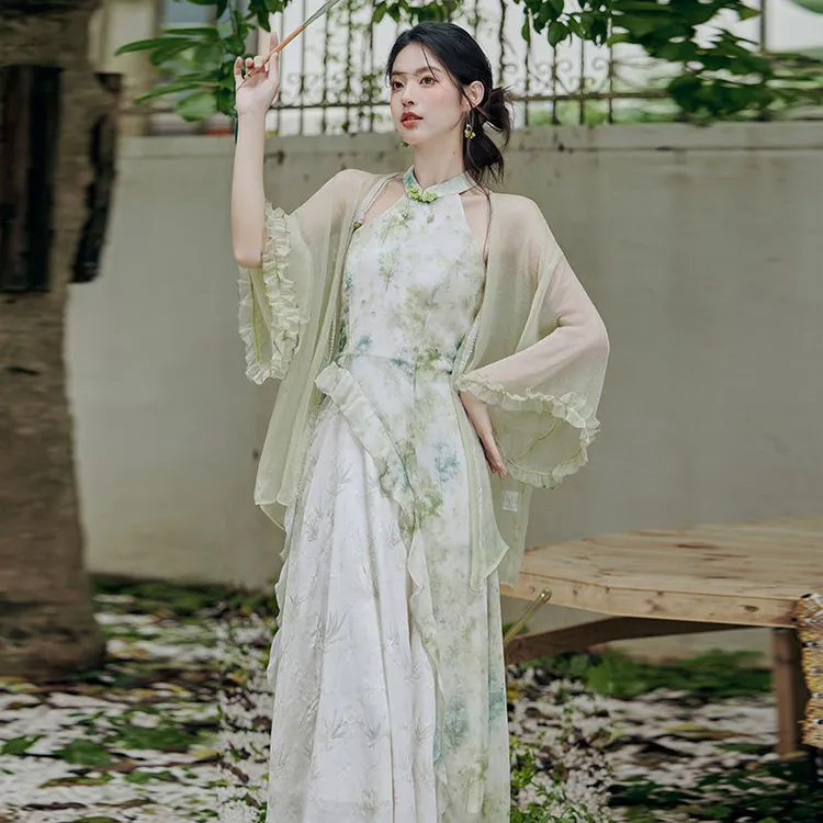 新中式改良旗袍挂脖连衣裙套装女夏季新款小个子绝美淑女仙女裙子