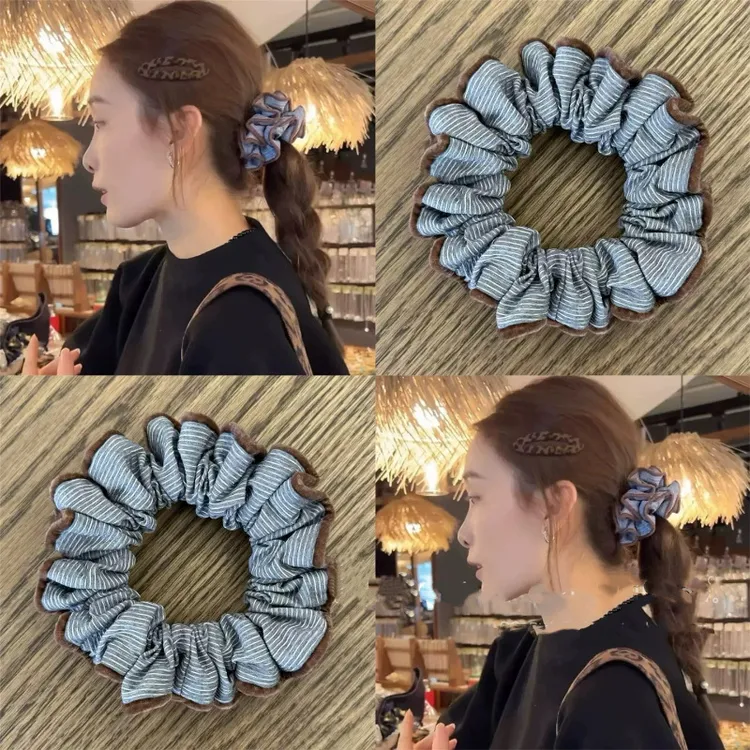 蓝色条纹撞咖色边发圈发绳高马尾设计感扎发气质头绳发饰女时尚