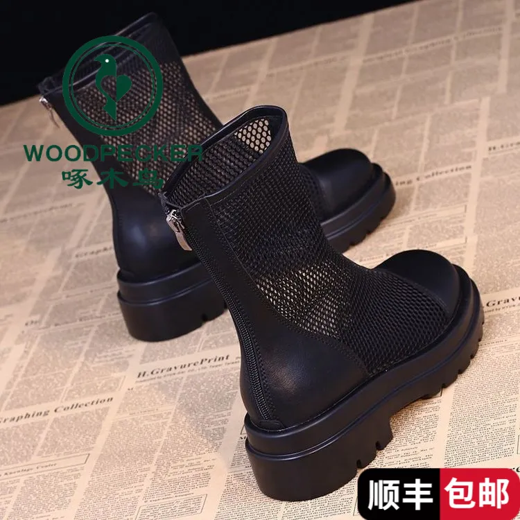 啄木鸟中筒靴夏天皮鞋增高鞋洋气网面马丁靴女款夏季2025年靴子粗