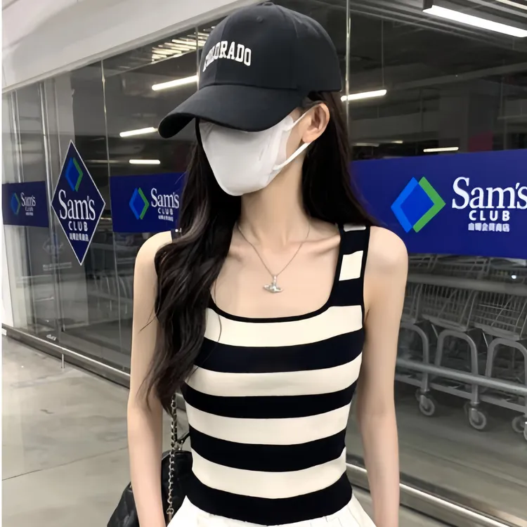 韩系设计感条纹针织吊带背心外穿设计感小众2025修身显瘦短款上衣