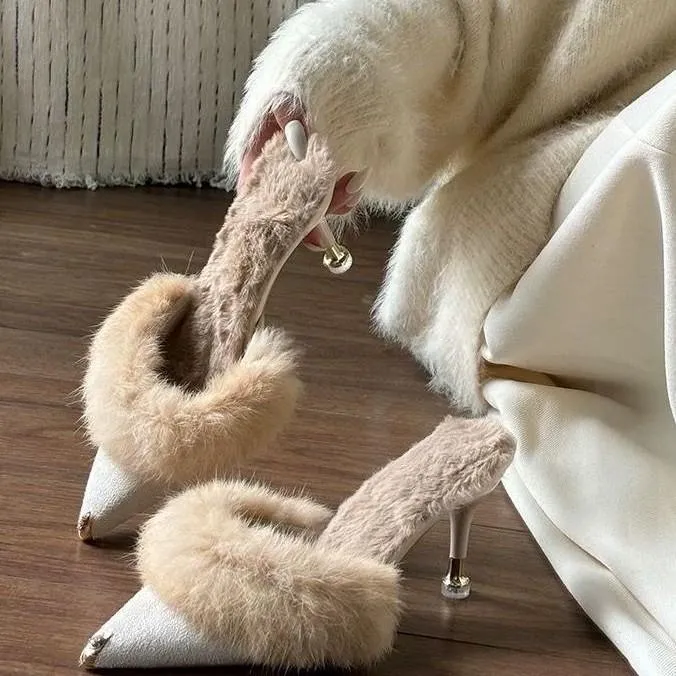 【奥莱撤柜】毛毛高跟拖鞋女时尚2025新款百搭尖头细跟包头穆勒保